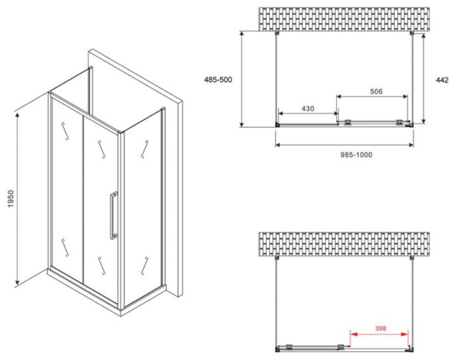 Душевое ограждение Abber трехстенное AG30100BH-S50B-S50B, 1000х1950 мм купить,0