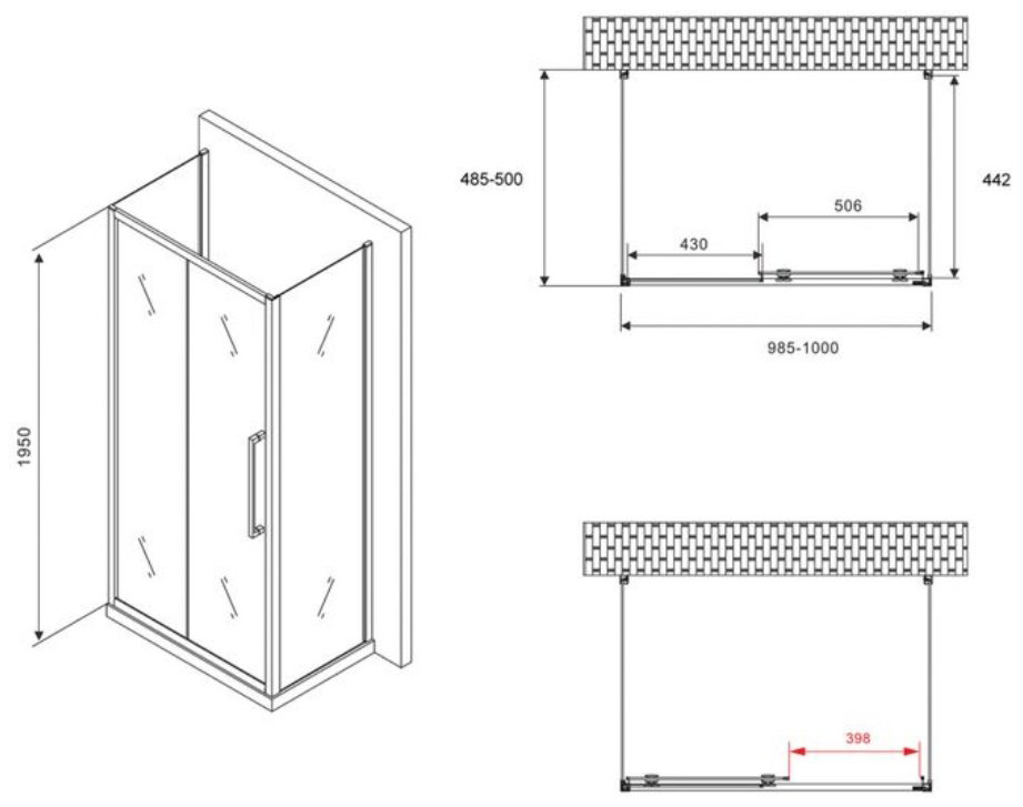 Душевое ограждение Abber трехстенное AG30100BH-S50B-S50B, 1000х1950 мм купить,NaN