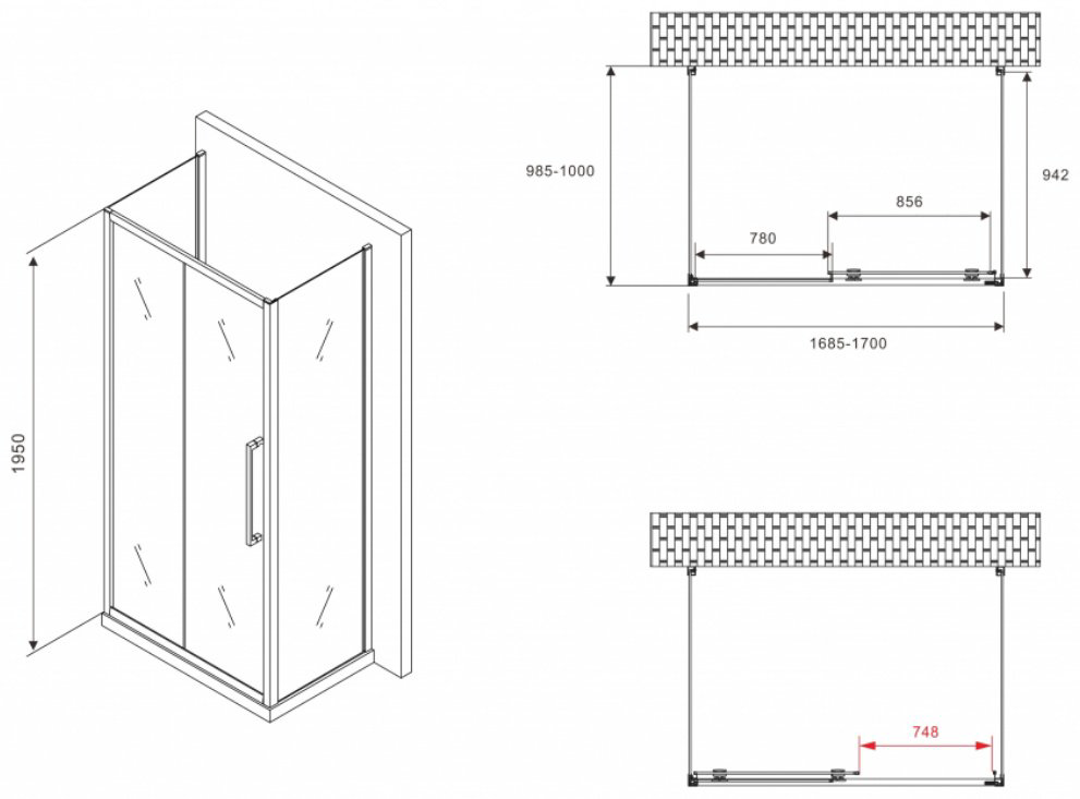 Душевое ограждение Abber трехстенное AG30170H-S100-S100, 1000х1950 мм купить,NaN