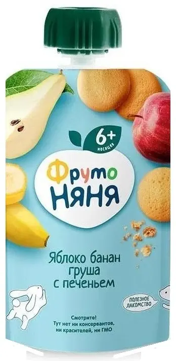 Детское пюре ФрутоНяня банан, яблоко, груша, печенье 90 г, с 6 месяцев