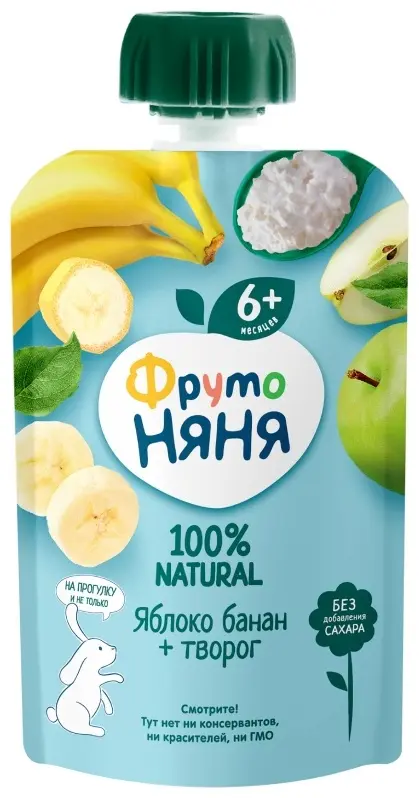 Детское пюре ФрутоНяня банан, яблоко, творог 90 г, с 6 месяцев купить,NaN