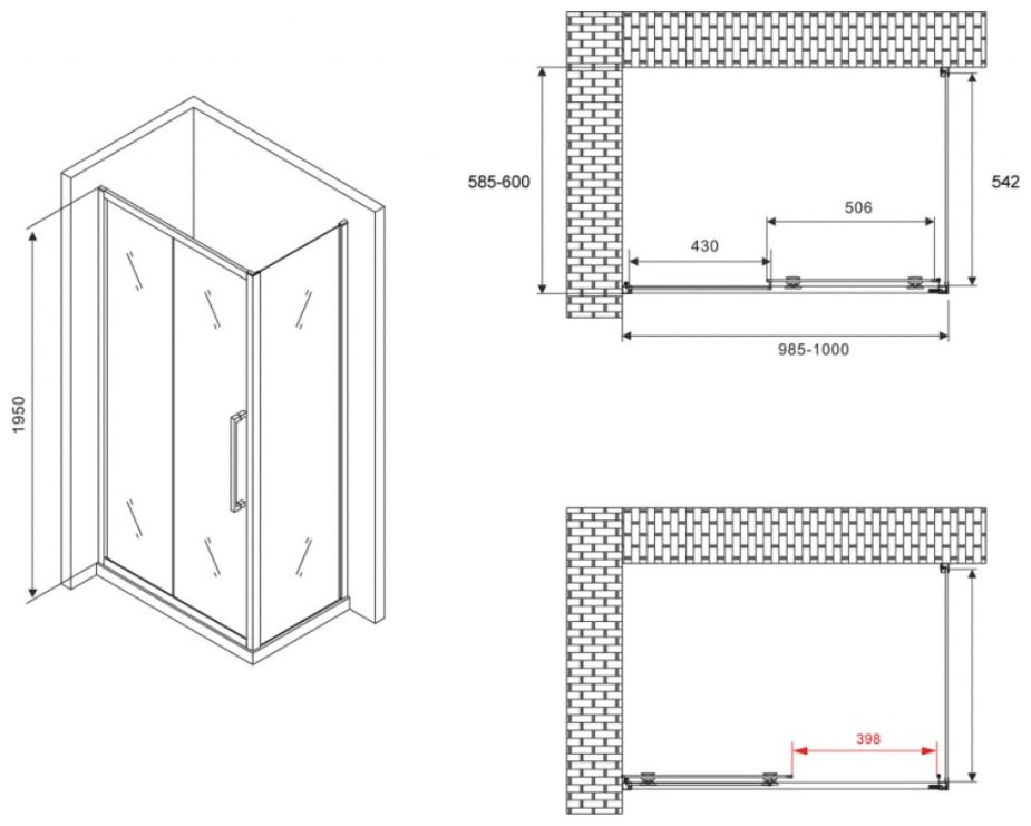 Душевое ограждение Abber трехстенное AG30100BH-S60B, 1000х1950 мм купить,0