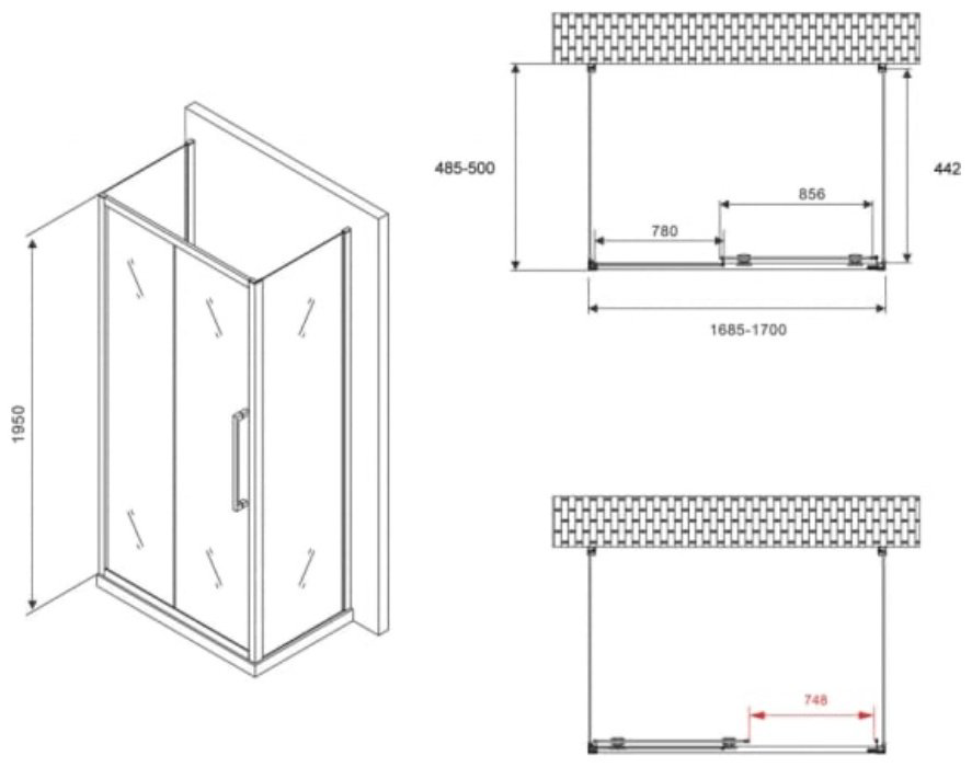 Душевое ограждение Abber трехстенное AG30170H-S50-S50, 1700х1950 мм купить,NaN