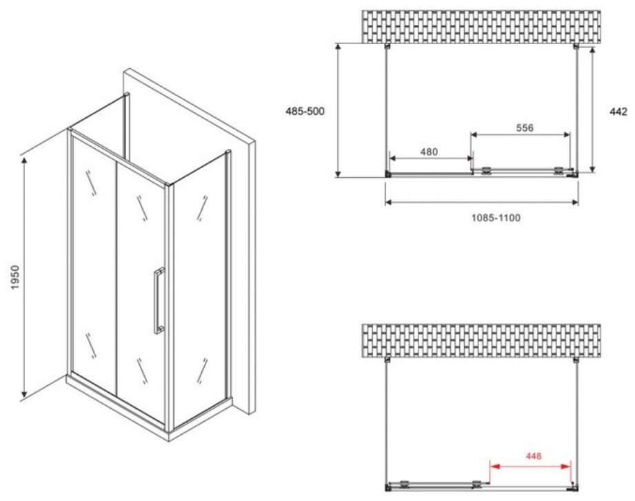 Душевое ограждение Abber трехстенное AG30110BH-S50B-S50B, 1100х1950 мм купить,NaN