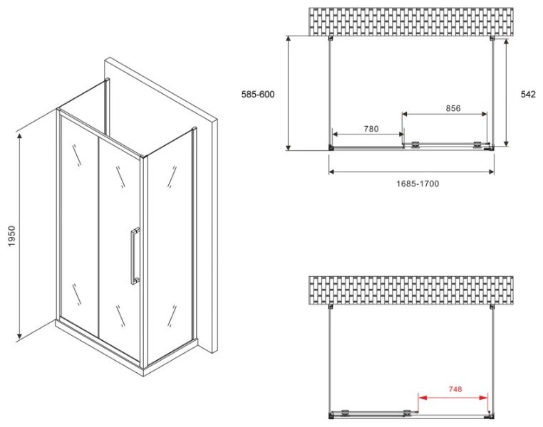 Душевое ограждение Abber трехстенное AG30170MH-S60M-S60M, 1700х1950 мм купить,NaN