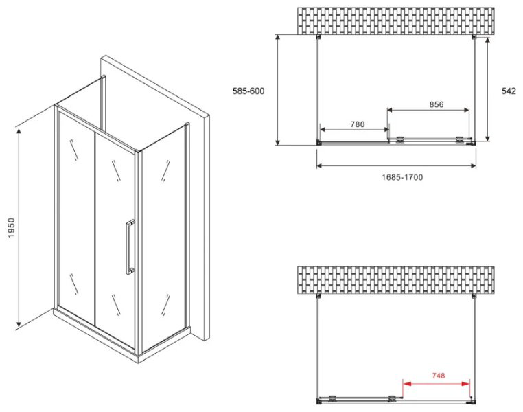 Душевое ограждение Abber трехстенное AG30170MH-S60M-S60M, 1700х1950 мм купить,NaN