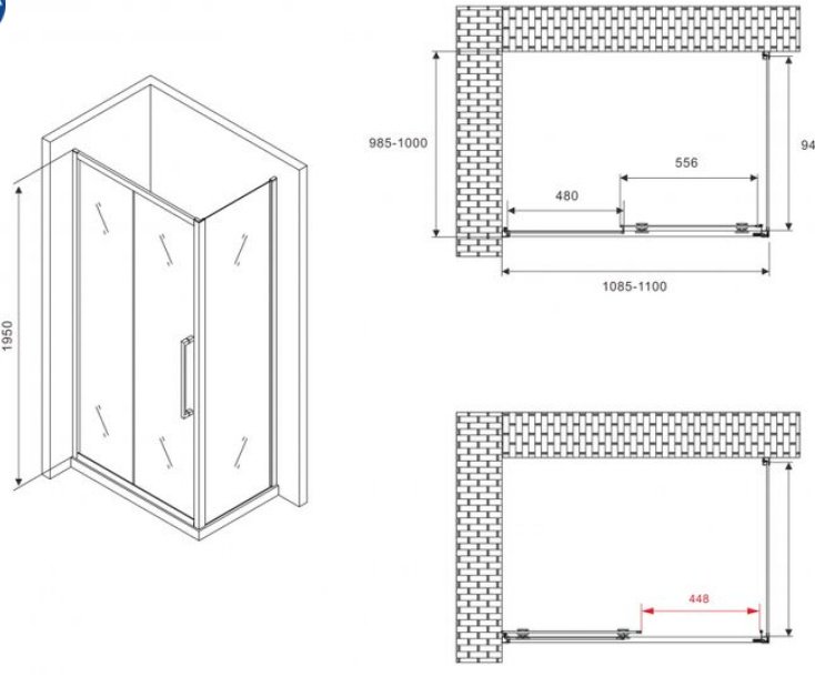 Душевое ограждение Abber трехстенное AG30110BH-S60B-S60B, 600х1950 мм купить,NaN