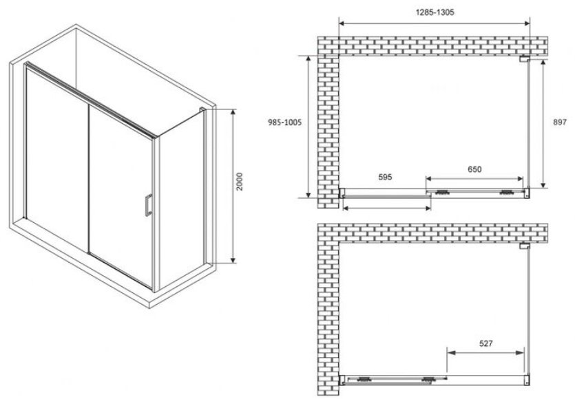 Душевое ограждение Abber трехстенное AG93130B-S102B, 1000х2000 мм купить,NaN