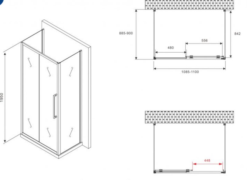 Душевое ограждение Abber трехстенное AG30110BH-S90B-S90B, 900х1950 мм купить,NaN
