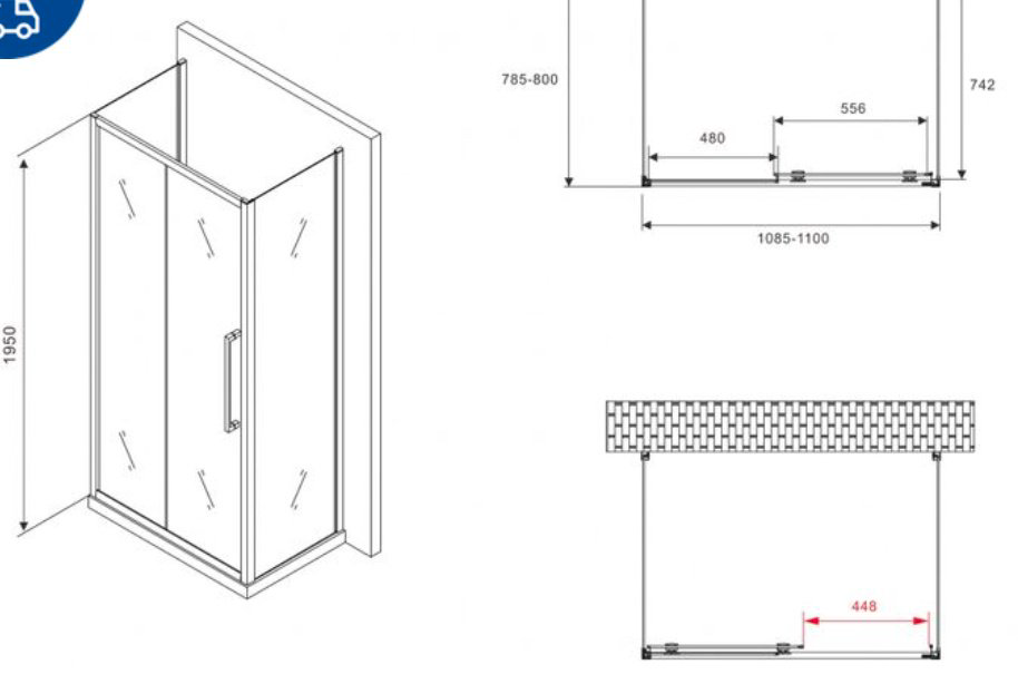 Душевое ограждение Abber трехстенное AG30110BMH-S80BM-S80BM, 800х1950 мм купить,NaN