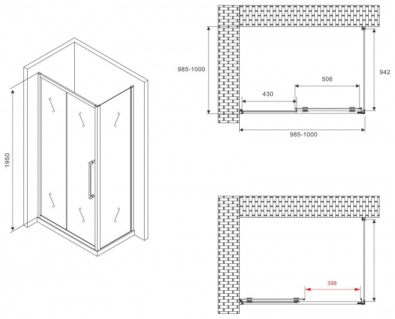 Душевое ограждение Abber двухстенное Schwarzer Diamant AG30100BH-S100B-S100B, 1000х1950 мм