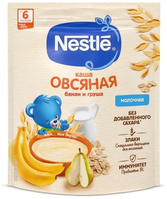 Детская каша Nestle Молочная овсяная груша, банан с 6 месяцев 200 г для продолжения прикорма с пробиотиком BL купить,1393