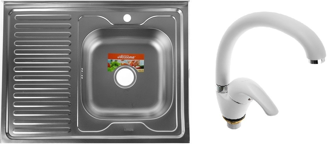 Кухонная мойка Accoona AB6080-R+84043АG накладная 80х60х16.5 см, нержавеющая сталь, тон алюминиум купить,NaN