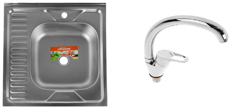 Кухонная мойка Accoona AD6060-4R+4050А накладная 60х60х16.5 см, нержавеющая сталь, тон алюминиум купить,NaN