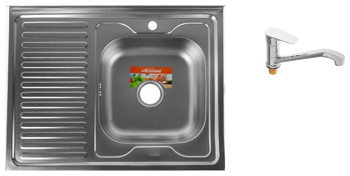 Кухонная мойка Accoona AC6080-R&#43;A4261 накладная 80х60х16.5 см, нержавеющая сталь, тон алюминиум