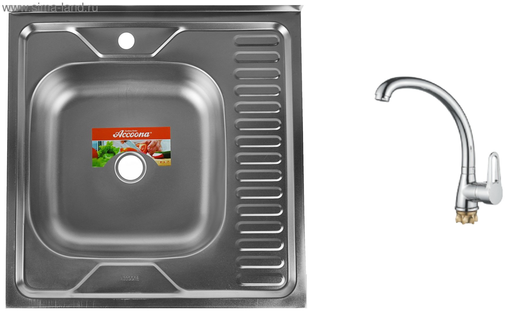 Кухонная мойка Accoona AD6060-4L+40110А накладная 60х60х16.5 см, нержавеющая сталь, тон алюминиум купить,NaN