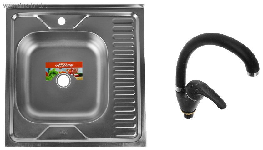 Кухонная мойка Accoona AD6060-4L&#43;84043АF накладная 60х60х16 см, нержавеющая сталь, тон алюминиум