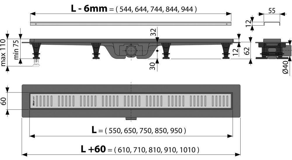 Alcaplast трап AG100401550 (7х55 см) купить,0