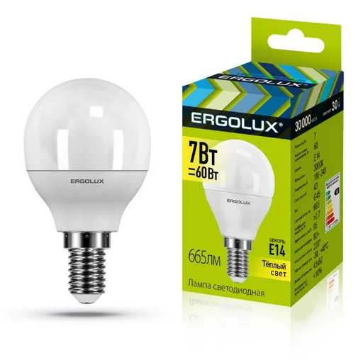 LED лампочка Ergolux LED-G45-7W-E14-3K E14 7Вт 3000K теплый белый 