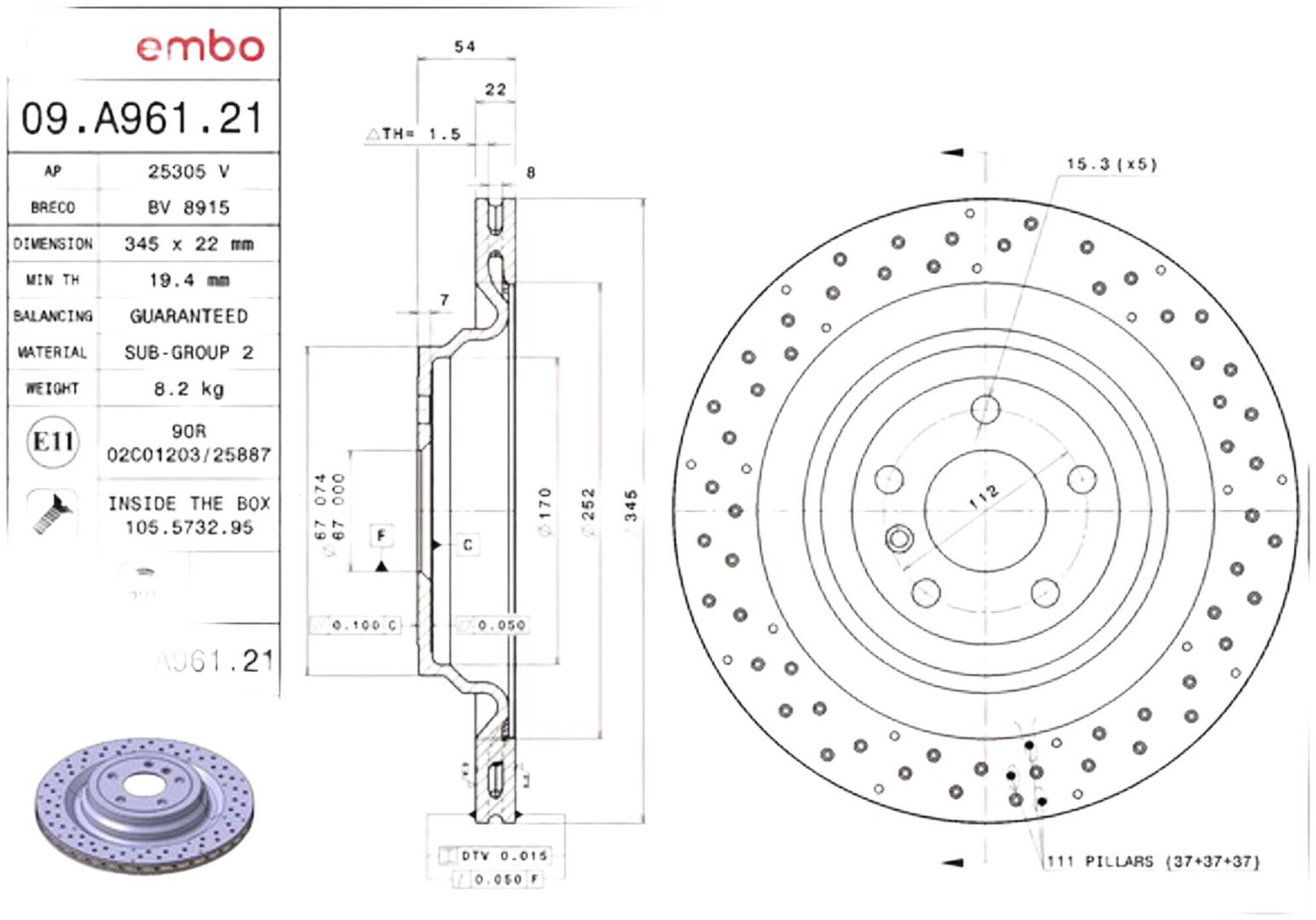 Диски Brembo задние 09 A96121 купить,NaN