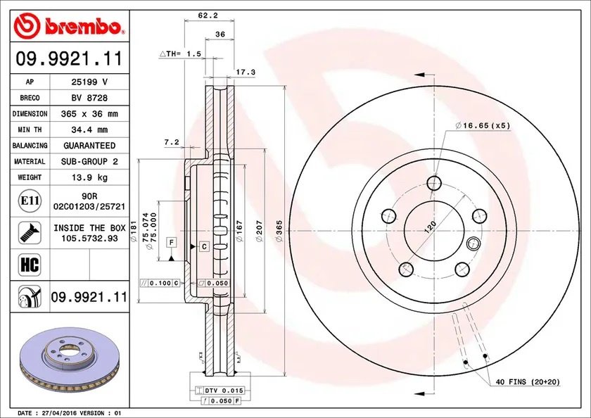 Диски Brembo передние 09.9921.11 купить,NaN