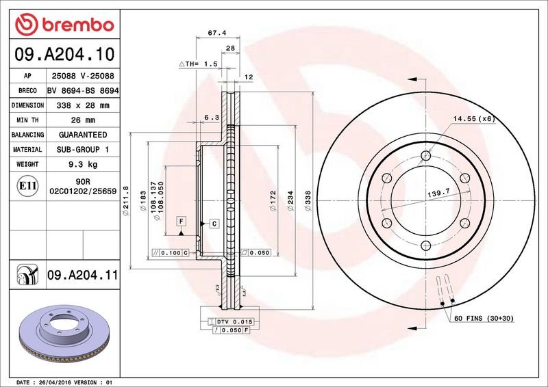 Диски Brembo передние 09.A204.11 купить,NaN