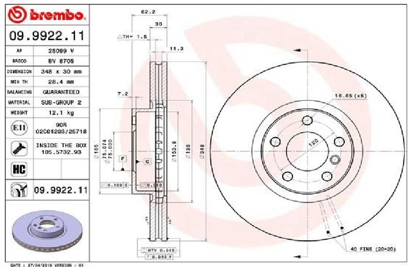 Диски Brembo передние 09.9922.11 купить,NaN