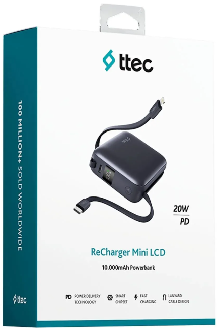 Внешний аккумулятор TTEC ReCharger Mini LCD 10000 mAh PD 20W USB-C/Lightning cable 2BB231GR Black купить,0