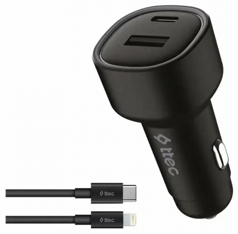 Автомобильное Зарядное устройство TTEC SmartCharger Duo PD 2CKP02CS 48W Car Fast Charger USB-C+USB-A - USB-C-USB-C 3A Cable Black