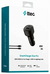 Автомобильное Зарядное устройство TTEC SmartCharger Duo PD 2CKP02CS 48W Car Fast Charger USB-C+USB-A - USB-C-USB-C 3A Cable Black - ForteMarket