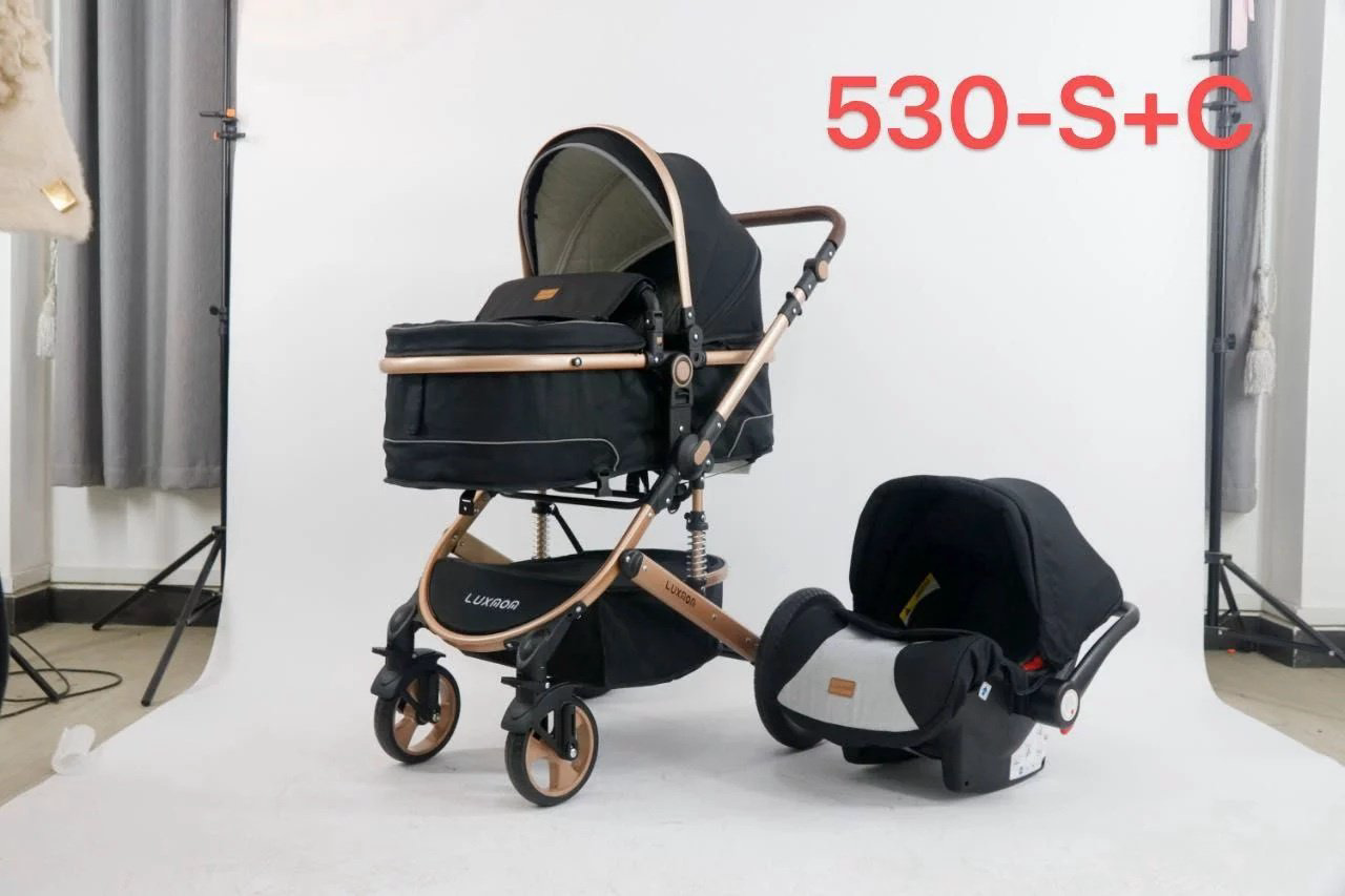 Коляска универсальная 2 в 1 LUXMOM 530-S+C, черный, черный, золотой купить,NaN