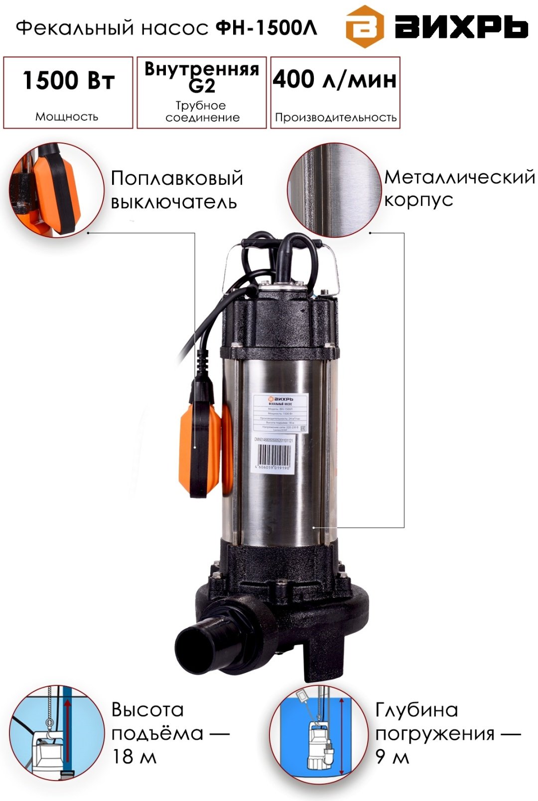 Фекальный насос ВИХРЬ ФН-1500Л