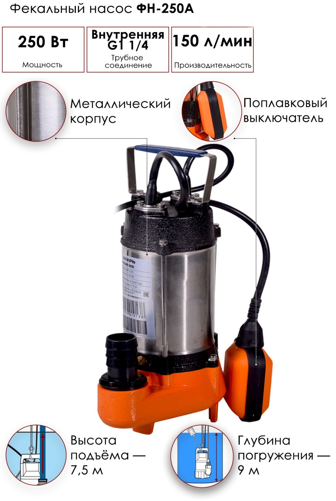 Насос погружной фекальный ВИХРЬ ФН-250А