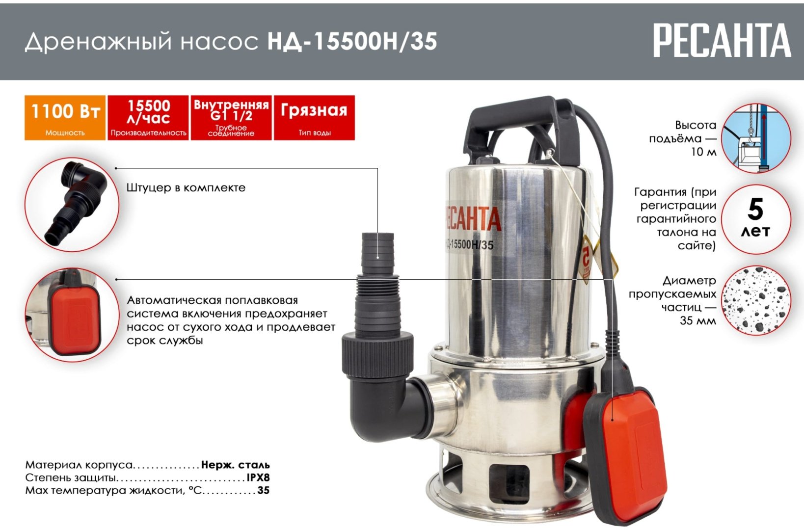 Насос погружной Ресанта НД-15500Н/35 купить,33790