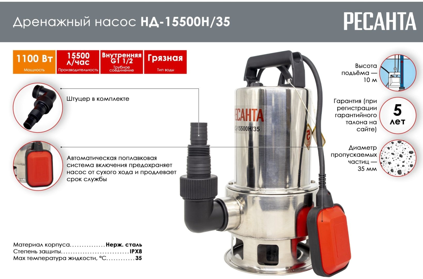 Насос погружной Ресанта НД-15500Н/35 купить,33790