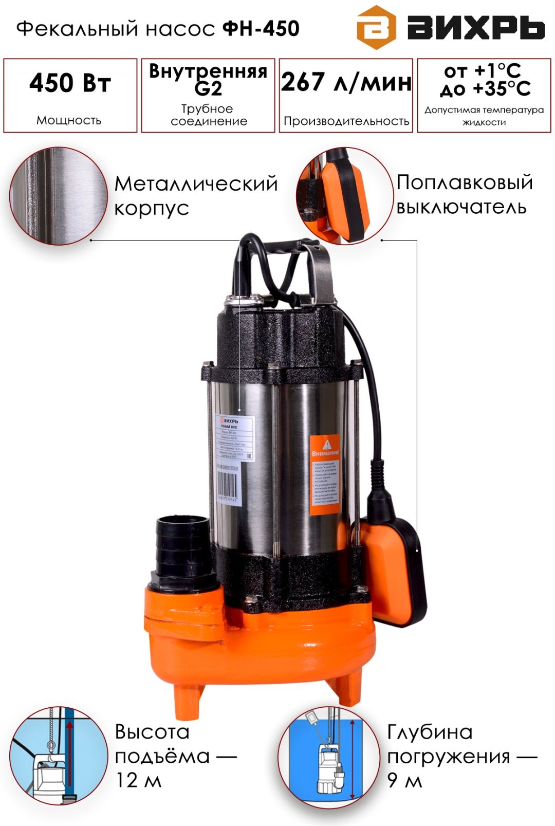 Фекальный насос ВИХРЬ ФН-450