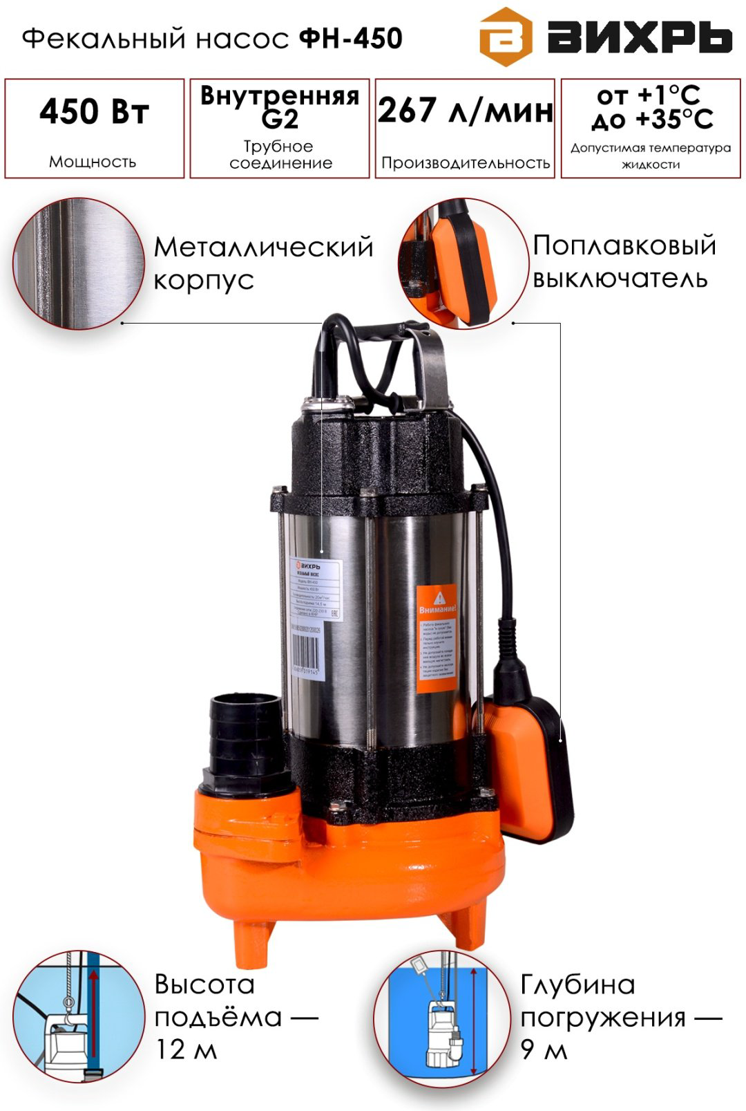 Фекальный насос ВИХРЬ ФН-450 купить,NaN
