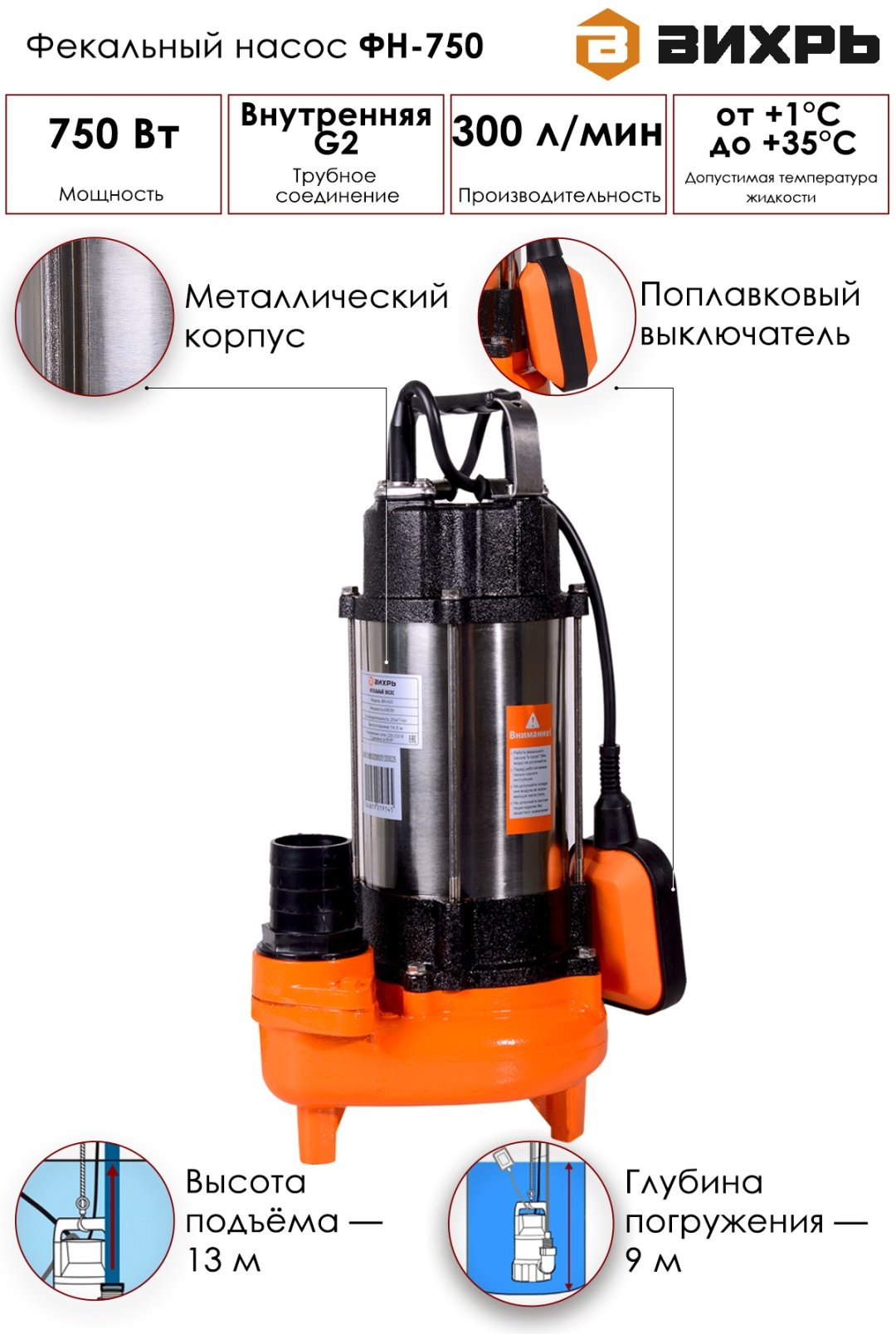 Фекальный насос ВИХРЬ ФН-750