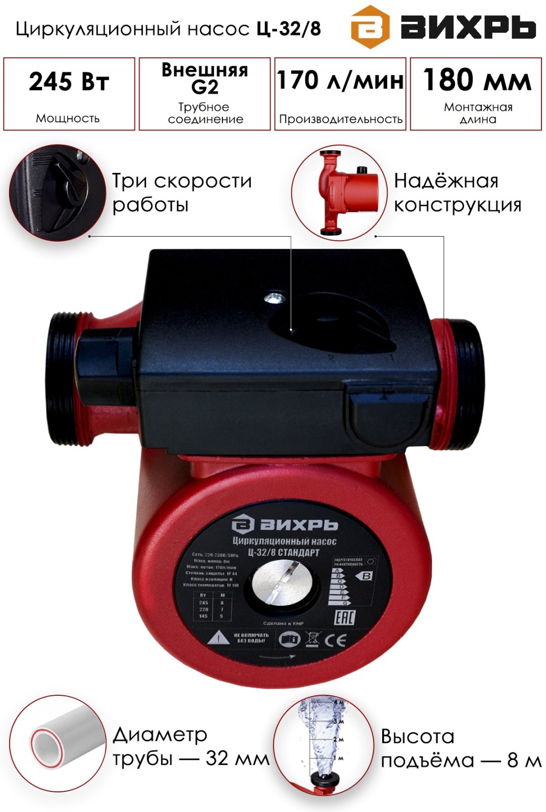 Циркуляционный насос ВИХРЬ Ц-32/8 Стандарт