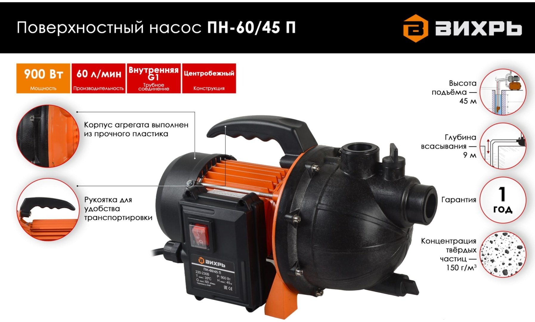 Насос поверхностный ВИХРЬ ПН-60/45 П купить,NaN