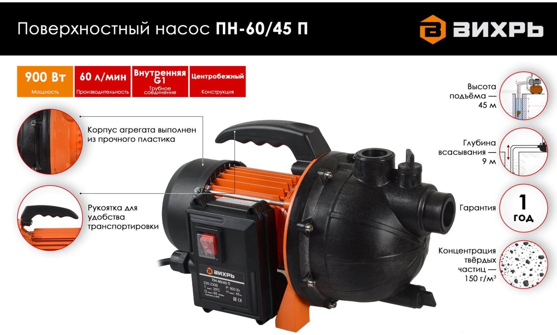 Насос поверхностный ВИХРЬ ПН-60/45 П купить,NaN