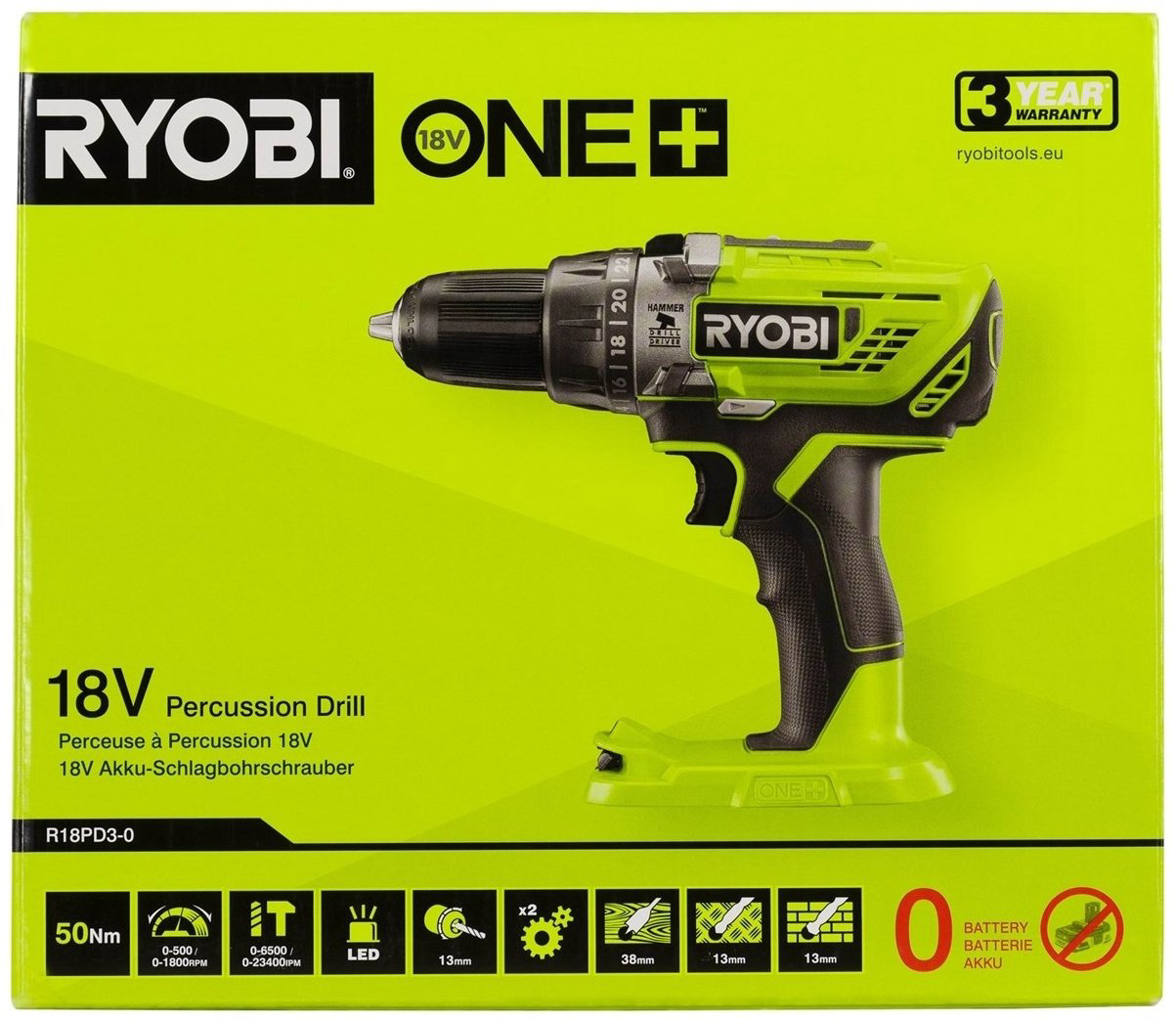 RYOBI дрель-шуруповерт R18PD3-0 5133002888 18 В купить,NaN