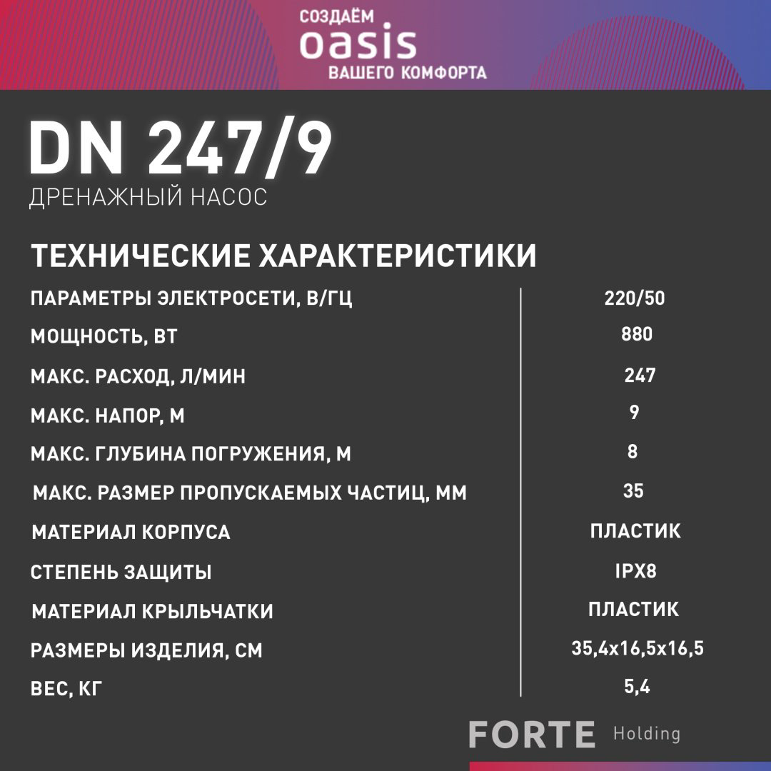 Насос погружной дренажный центробежный Oasis DN 247/9 купить,NaN
