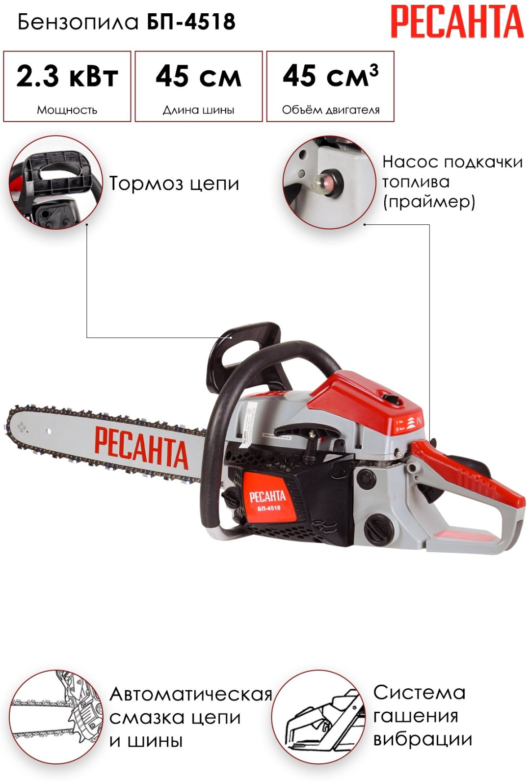 Цепная пила Ресанта бензиновая БП-4518 (70/6/13) купить,NaN