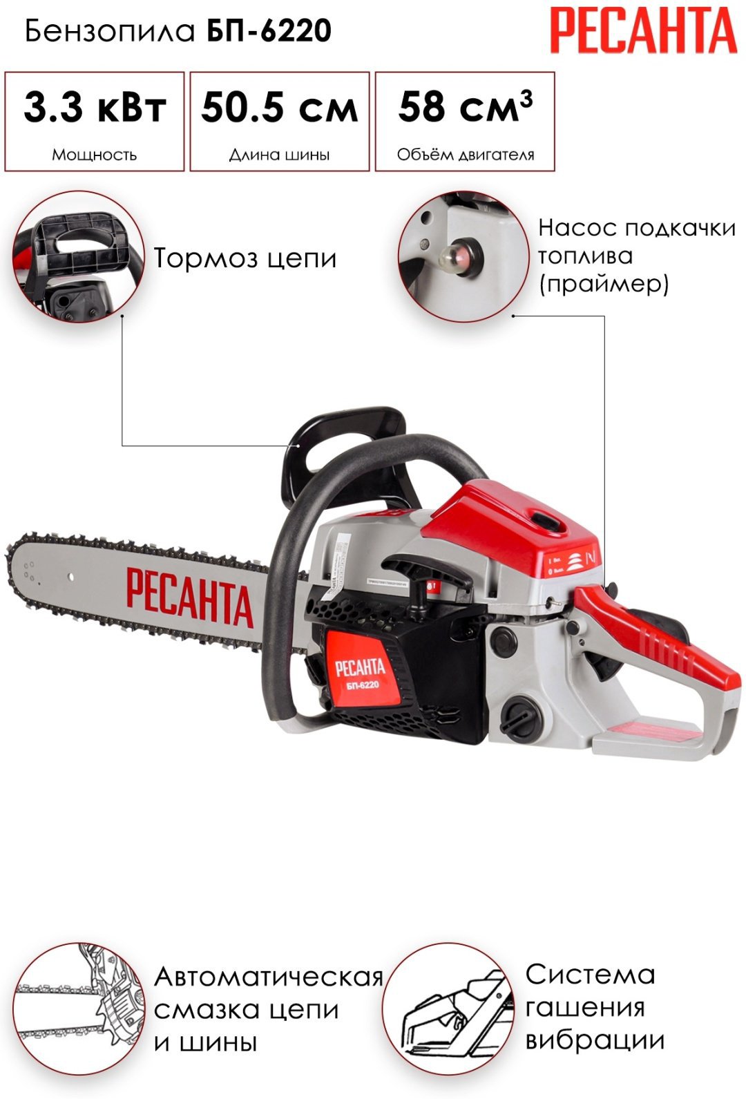 Цепная пила Ресанта бензиновая БП-6220 70/6/17 купить,NaN