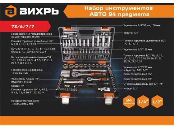 Набор инструментов автомобильный 94 в 1 ВИХРЬ 73/6/7/7 купить,NaN