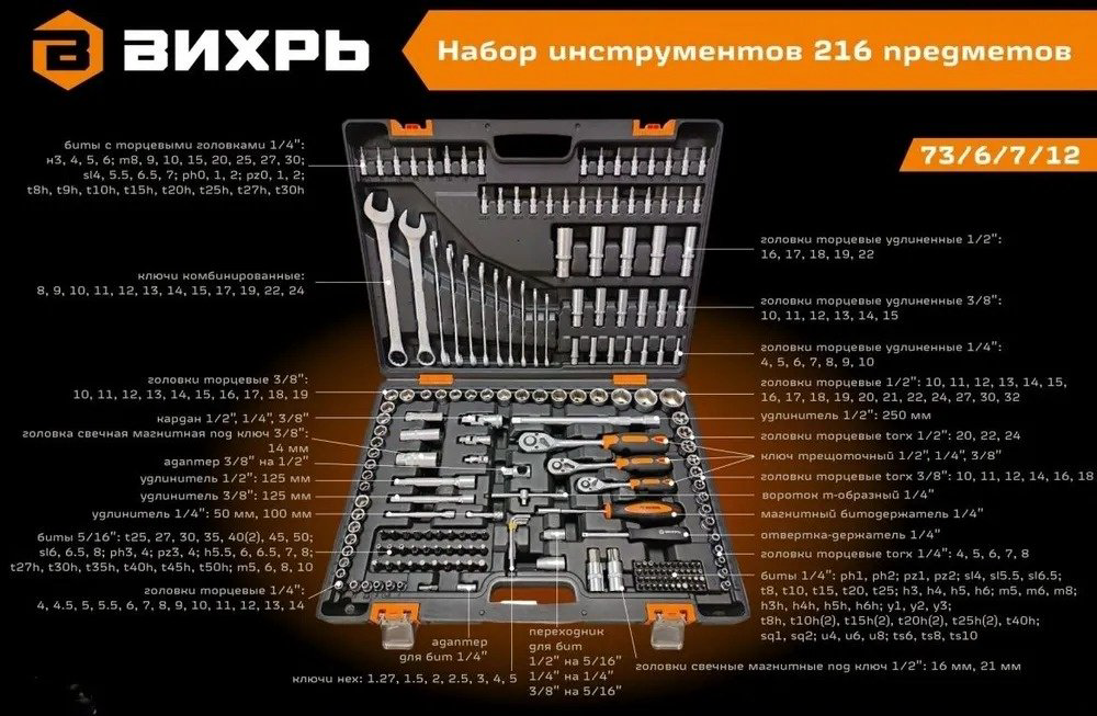 Набор инструментов автомобильный 216 в 1 ВИХРЬ 73/6/7/12