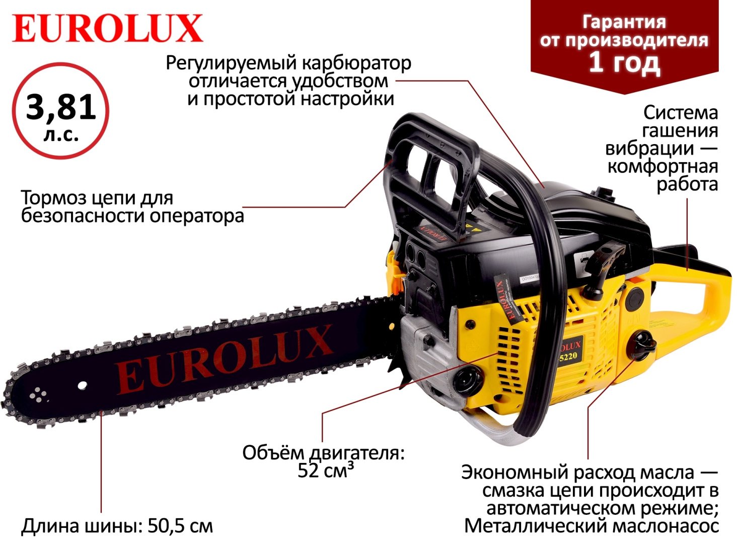 Цепная пила Eurolux бензиновая GS-5220 купить,0