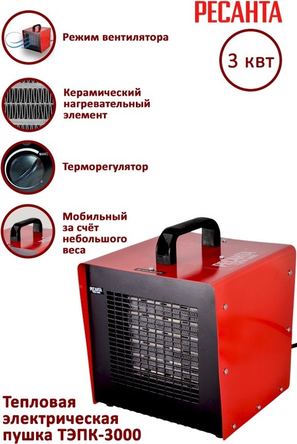 Тепловая электрическая пушка Ресанта ТЭПК-3000, 3 кВт купить,0