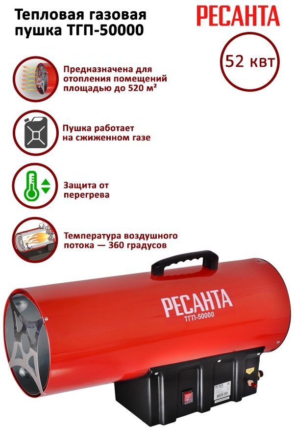 Тепловая газовая пушка Ресанта ТГП-50000 на площадь 500 квадратов, 50 кВт купить,55090